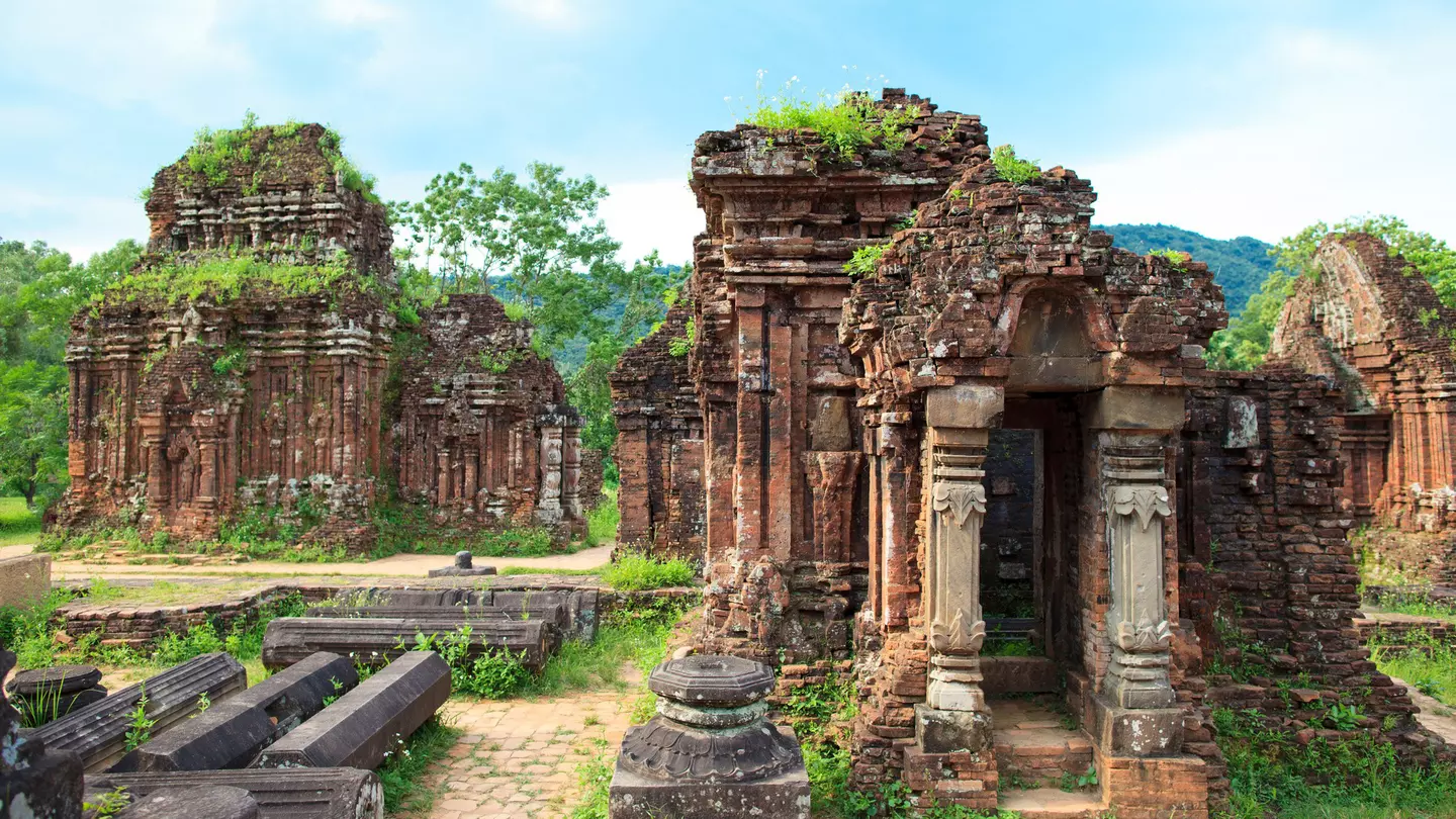 The remains of some columned temples, with plants growing from the top of them can be seen at the Cham ruins near Hoi An