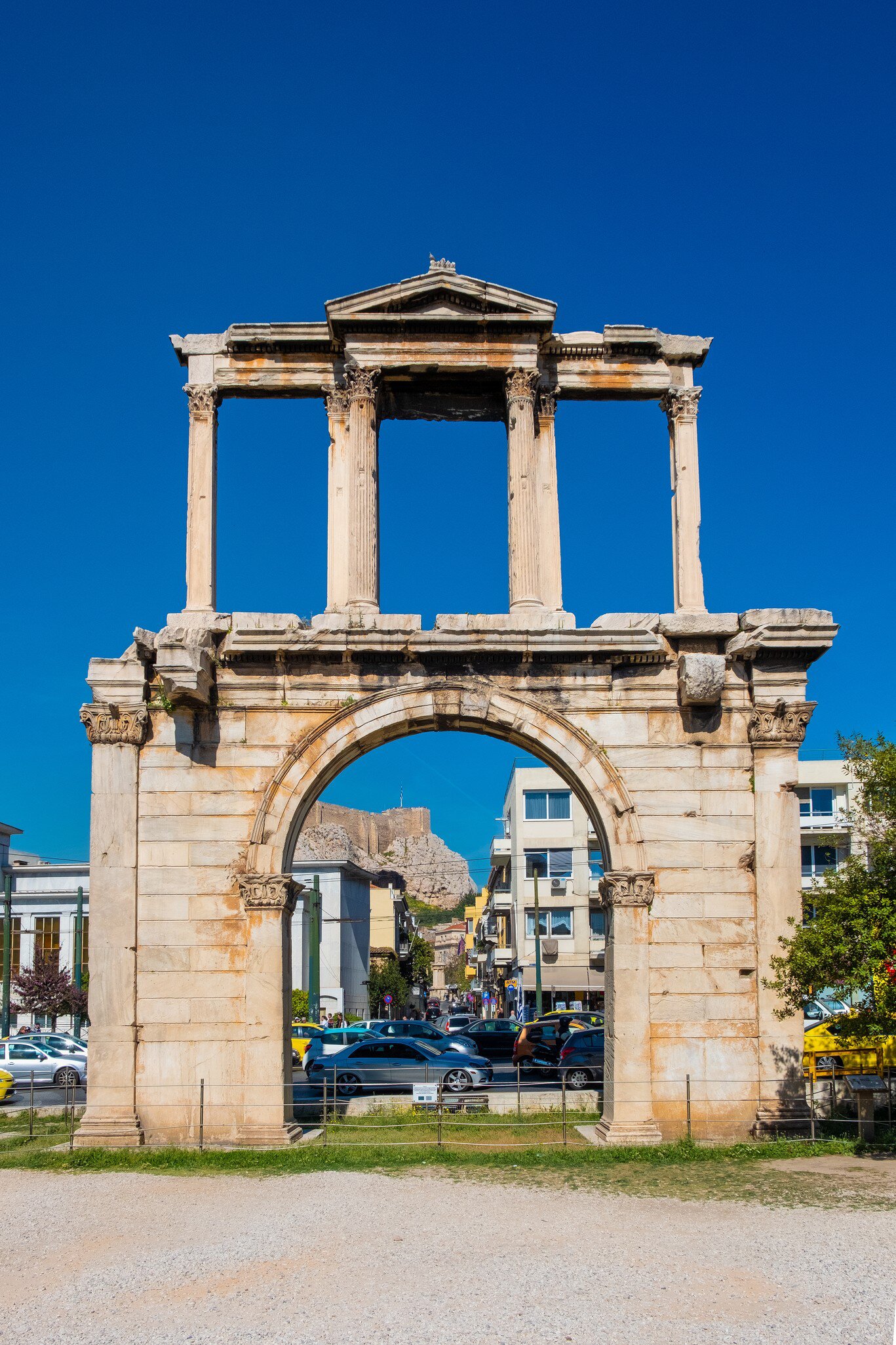 View of Hadrian's Arch on a sunny day in Athens, Greece.