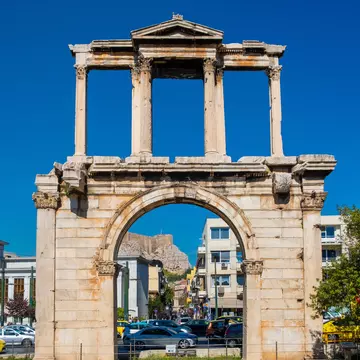 View of Hadrian's Arch on a sunny day in Athens, Greece.