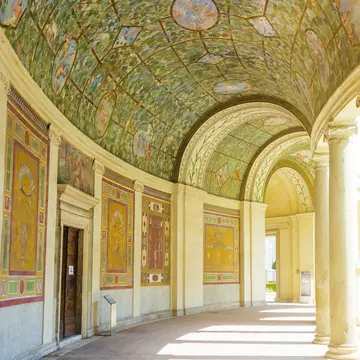 View of the courtyard and arcade of Villa Giulia, which houses the Museo Nazionale Etrusco di Villa Giulia, in Villa Borghese, Rome, Italy.