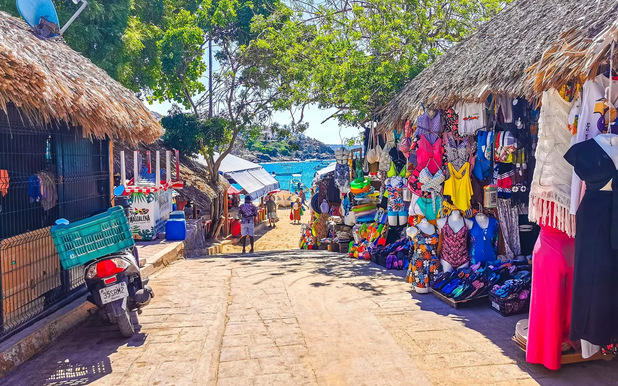 Puerto Escondido Oaxaca Mexico 25. March 2023 On tourist street to the beach between restaurants and shops in Zicatela Puerto Escondido Oaxaca Mexico.
