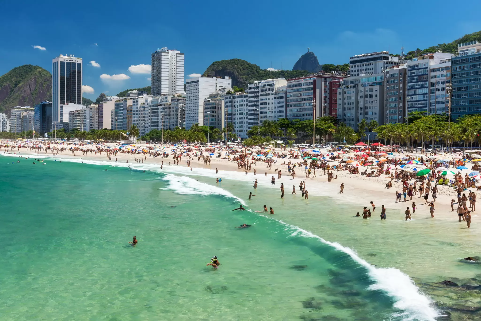 Aerial view of Copacabana Beach on a sunny day in Rio de Janeiro, Brazil.