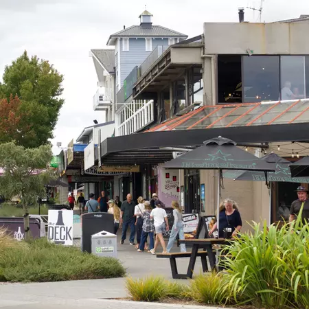 Lakeside shops and restaurants in Taupō, New Zealand (Aotearoa).