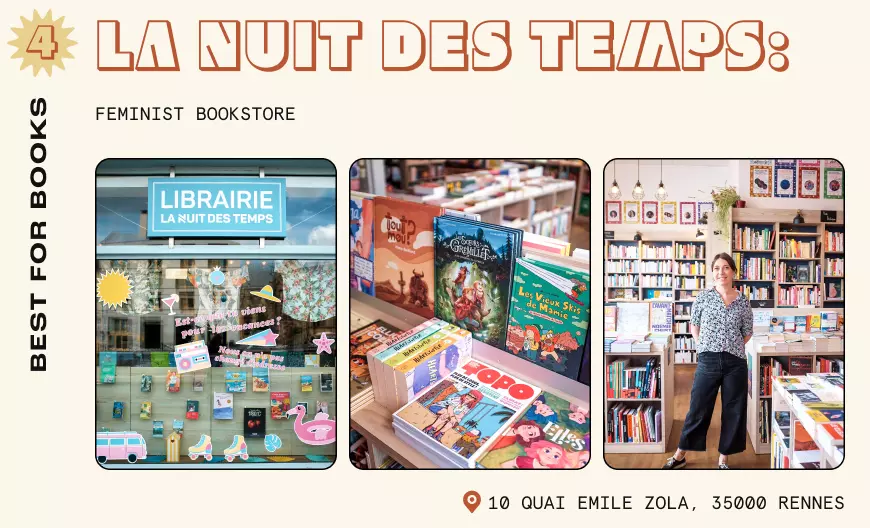 A brightly-lit bookstore in Rennes with feminist-themed books