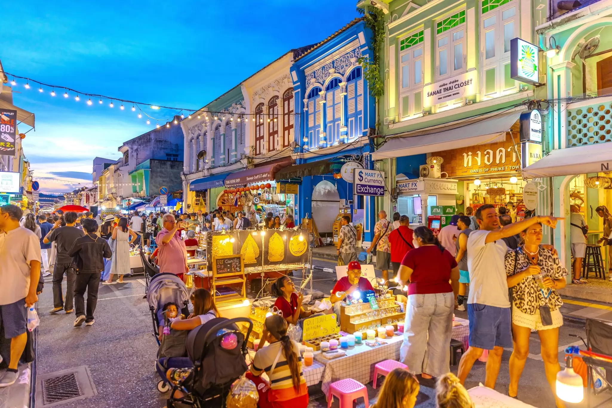 Talang Rd in old Phuket Town on the island of phuket Thailand better known as Sunday walking street night markets with a plethora of street vendors with stalls of food and Thai handcraft, 