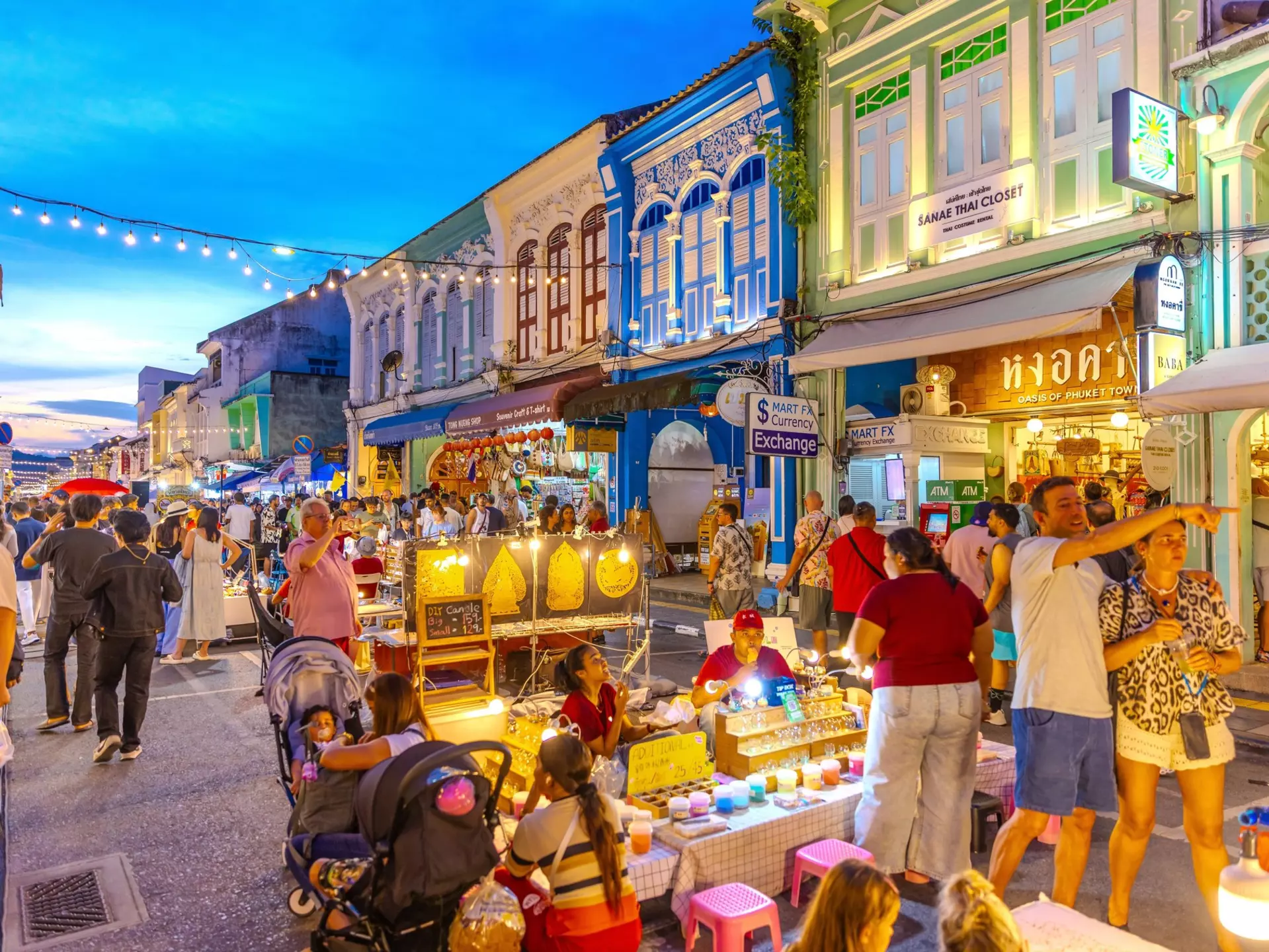 Talang Rd in old Phuket Town on the island of phuket Thailand better known as Sunday walking street night markets with a plethora of street vendors with stalls of food and Thai handcraft, 