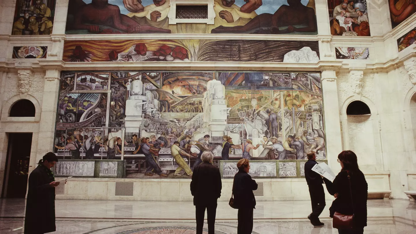 The North Wall of the Detroit Industry Murals, a series of frescoes by Mexican artist Diego Rivera at the Detroit Institute of Arts, Detroit, Michigan