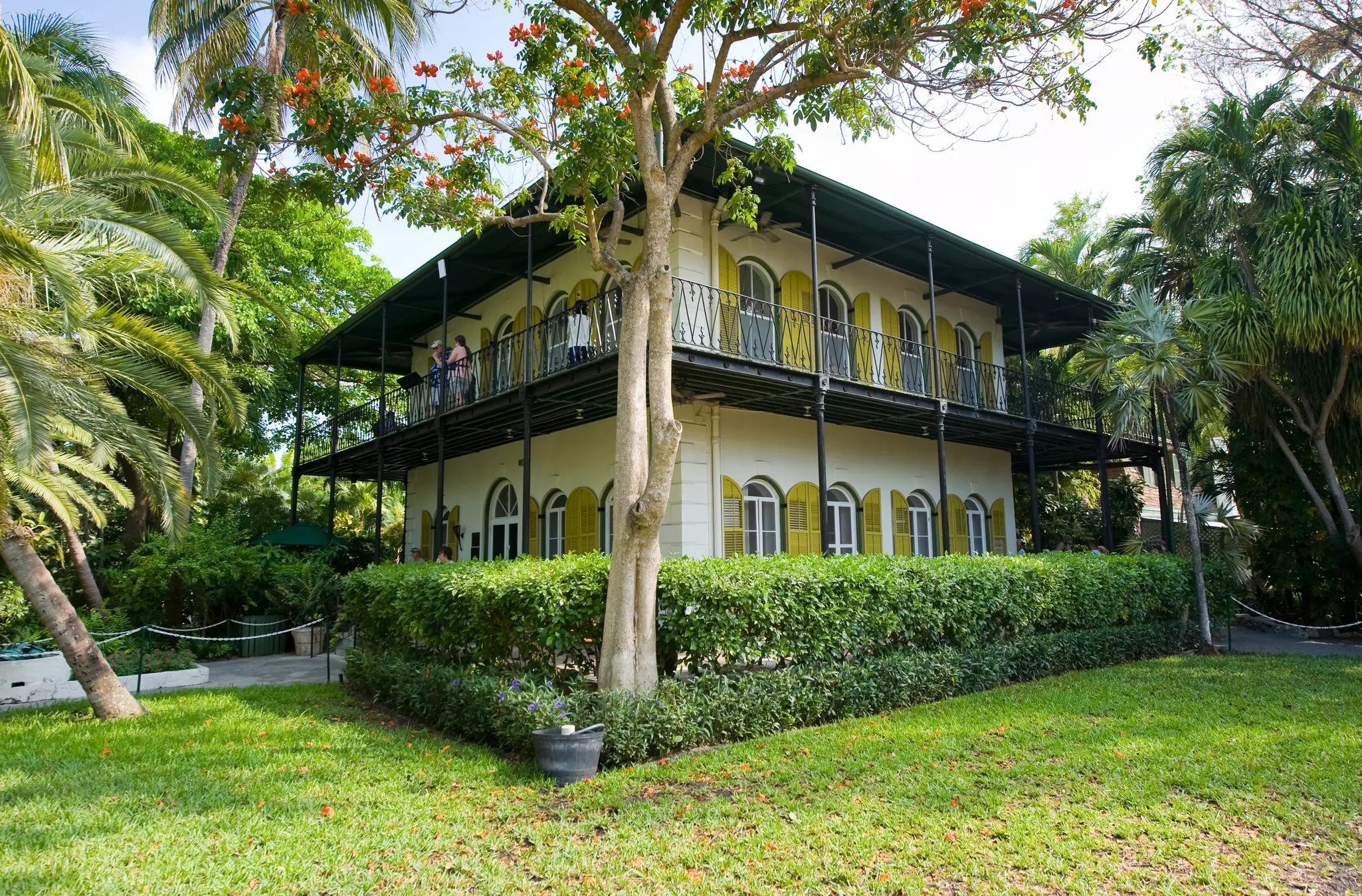 A pale yellow Spanish Colonial house behind shrubs and flanked by palm trees