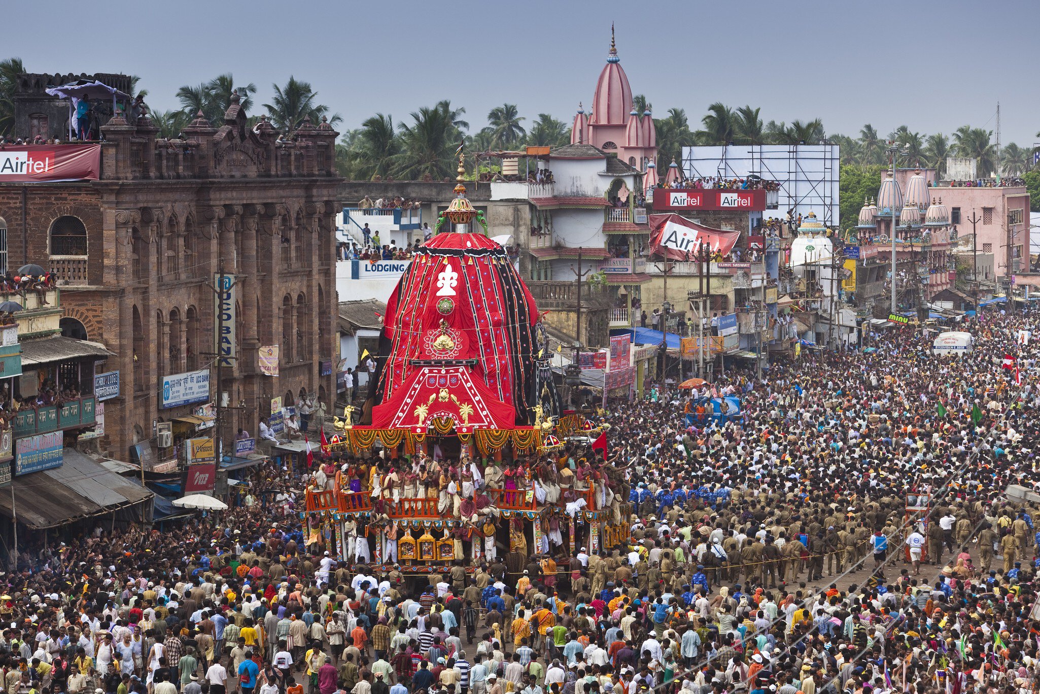 Temple chariot in procession during Rath Yatra Festival.