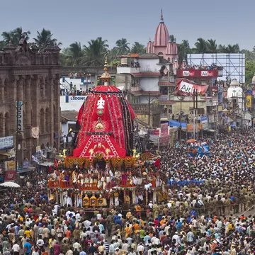 Temple chariot in procession during Rath Yatra Festival.