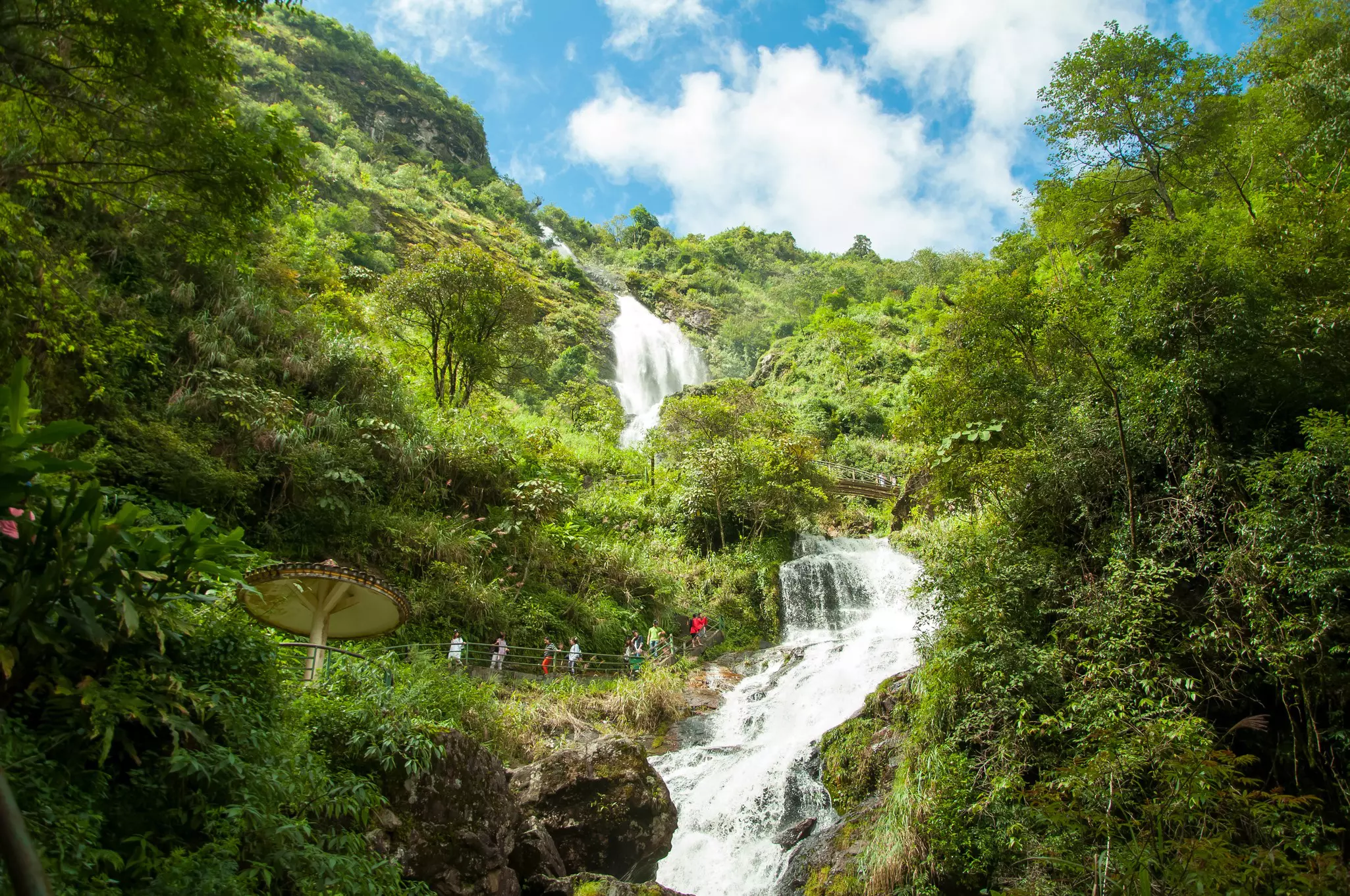 Scenic landscape of Thac Bac Waterfall (Silver Falls) in mountains with lush green trees and blue sky, Northern Vietnam, Sapa town, License Type: media, Download Time: 2025-09-23T11:18:26.000Z, User: LP_SWalker, Editorial: false, purchase_order: 65050 - Digital Destinations and Articles, job: Lonely Planet, client: WIP App Content, other: Sean Walker
