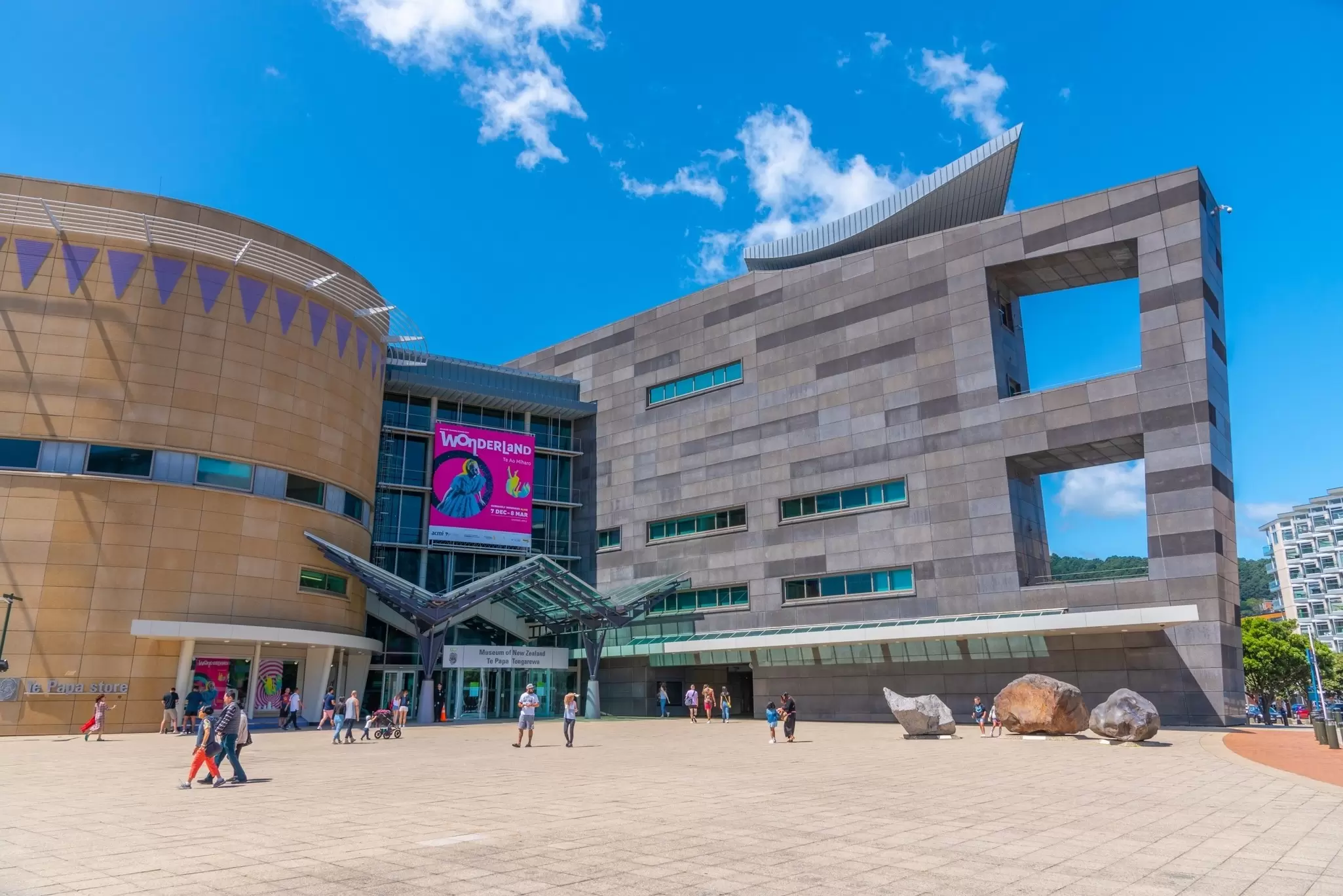 People outside the entrance to the Museum of New Zealand Te Papa Tongarewa in Wellington, New Zealand.