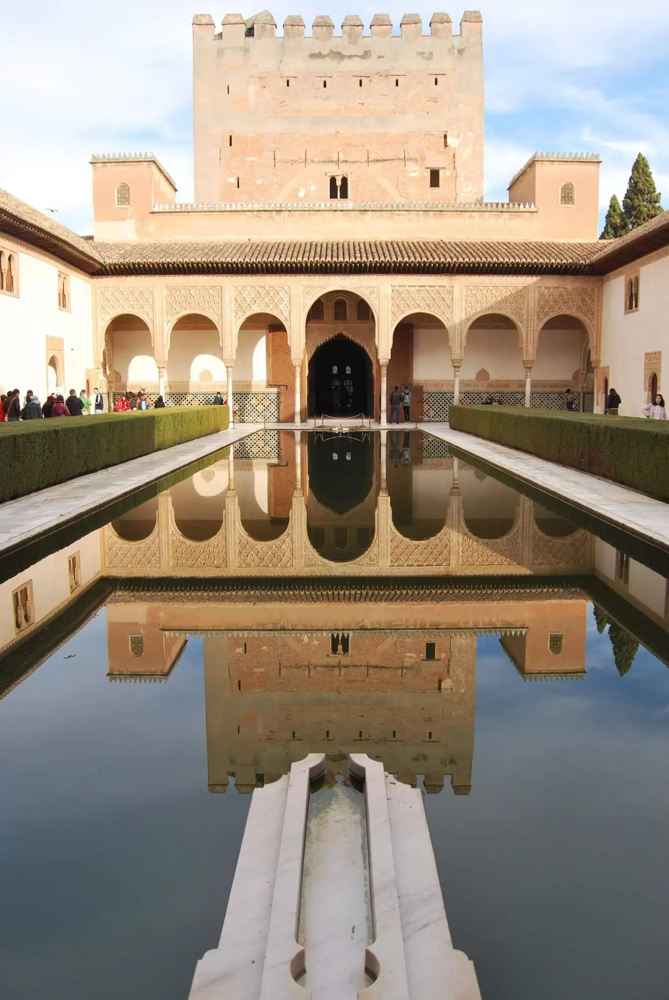 The Patio de los Arrayanes at the Alhambra complex in Granada, Spain.