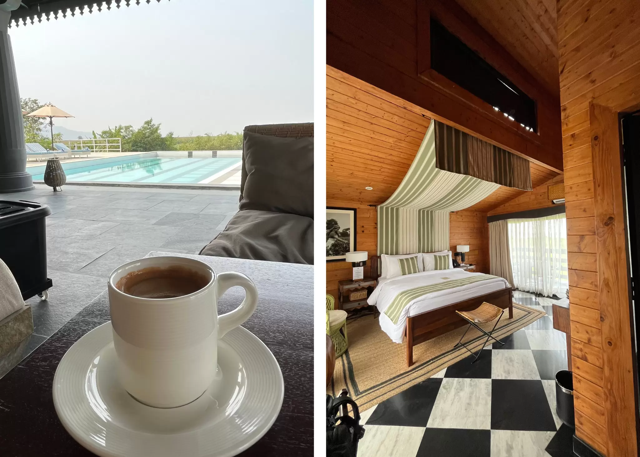Left, a coffee on a table near a hotel pool; Right, a hotel bedroom with fabric draped above the bed.