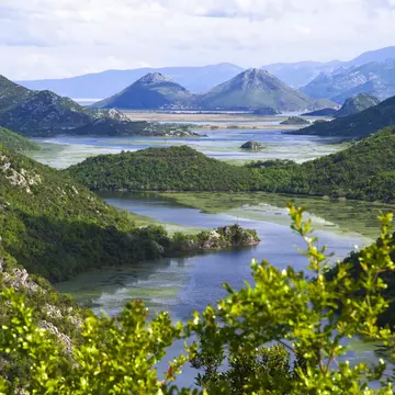 A lake surrounded with green woodland on islands and hills
