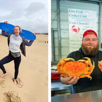 A woman poses with a body board above her head on a sand dune to the left, and a man holds two crabs up to the camer on the right