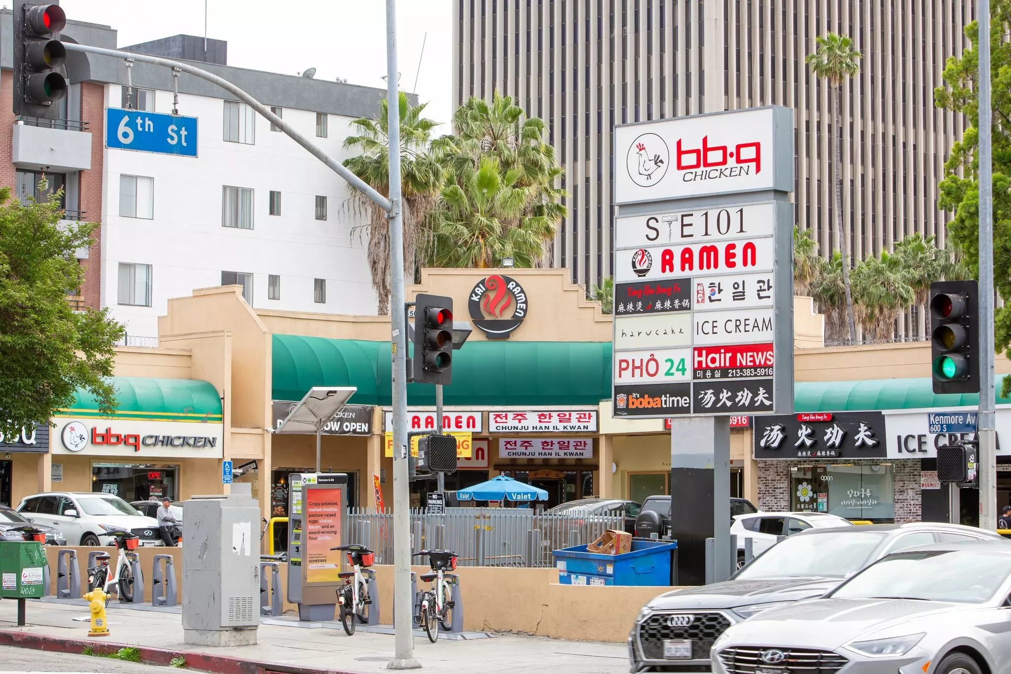 Koreatown in Los Angeles, with signs for ramen, pho, ice cream and boba shops.