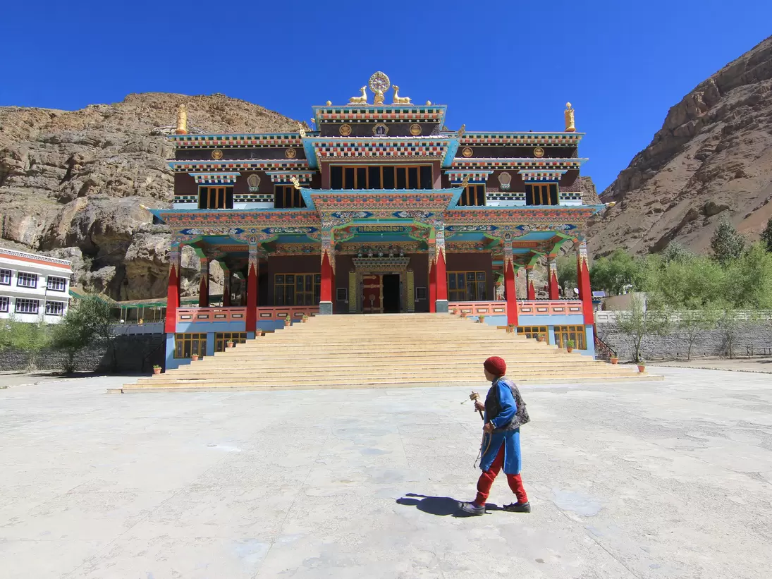 A lone devotee walks past the Sakya Tangyud Monastery in Kaza, Himachal Pradesh, India.
