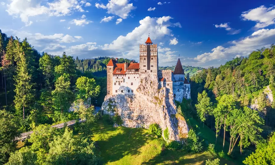 Bran Castle, Romania - August 2021. Place of Dracula in Transylvania, Carpathian Mountains, romanian  famous destination in Eastern Europe
