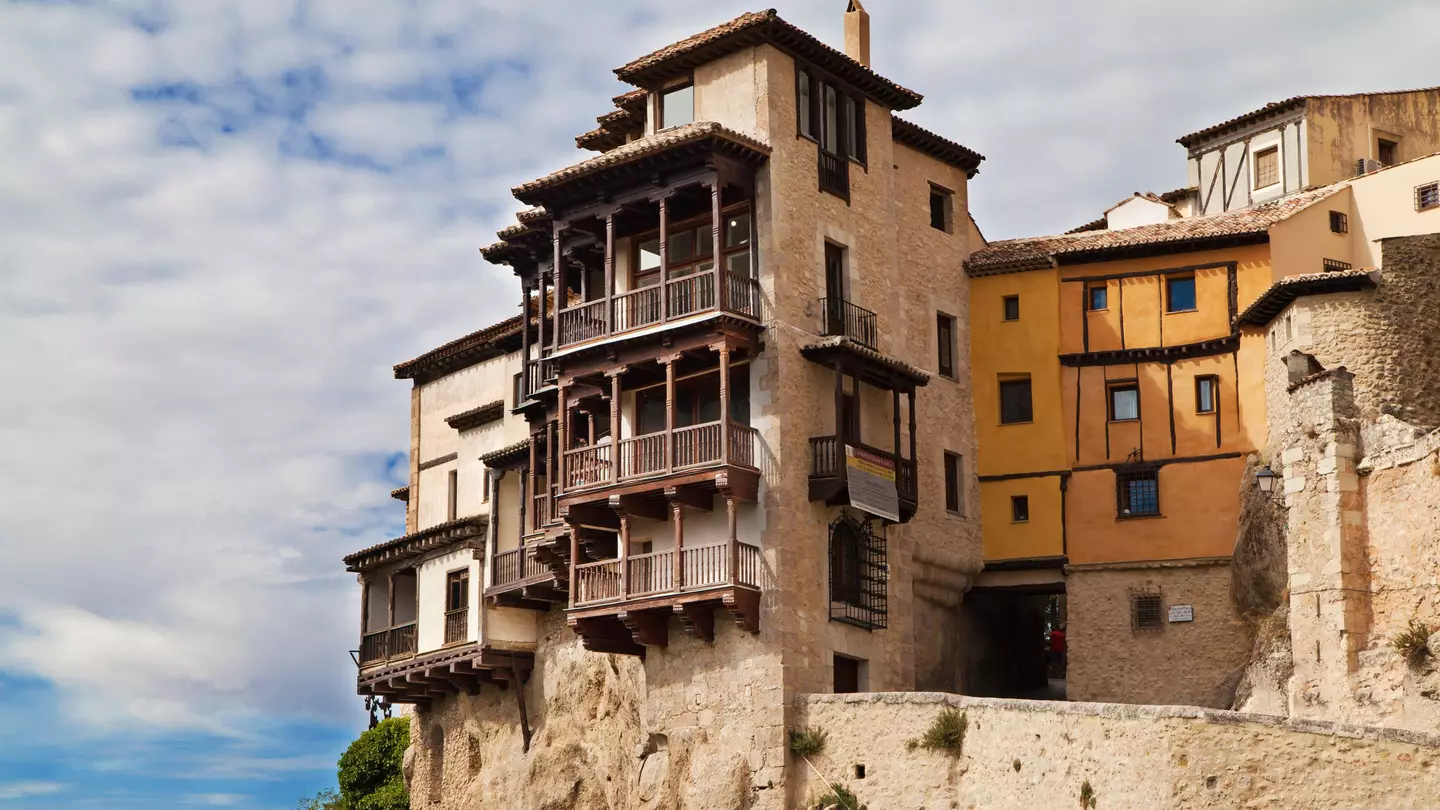 View of the Casas Colgadas (hanging houses) on the edge of the gorge in Cuenca, Spain.