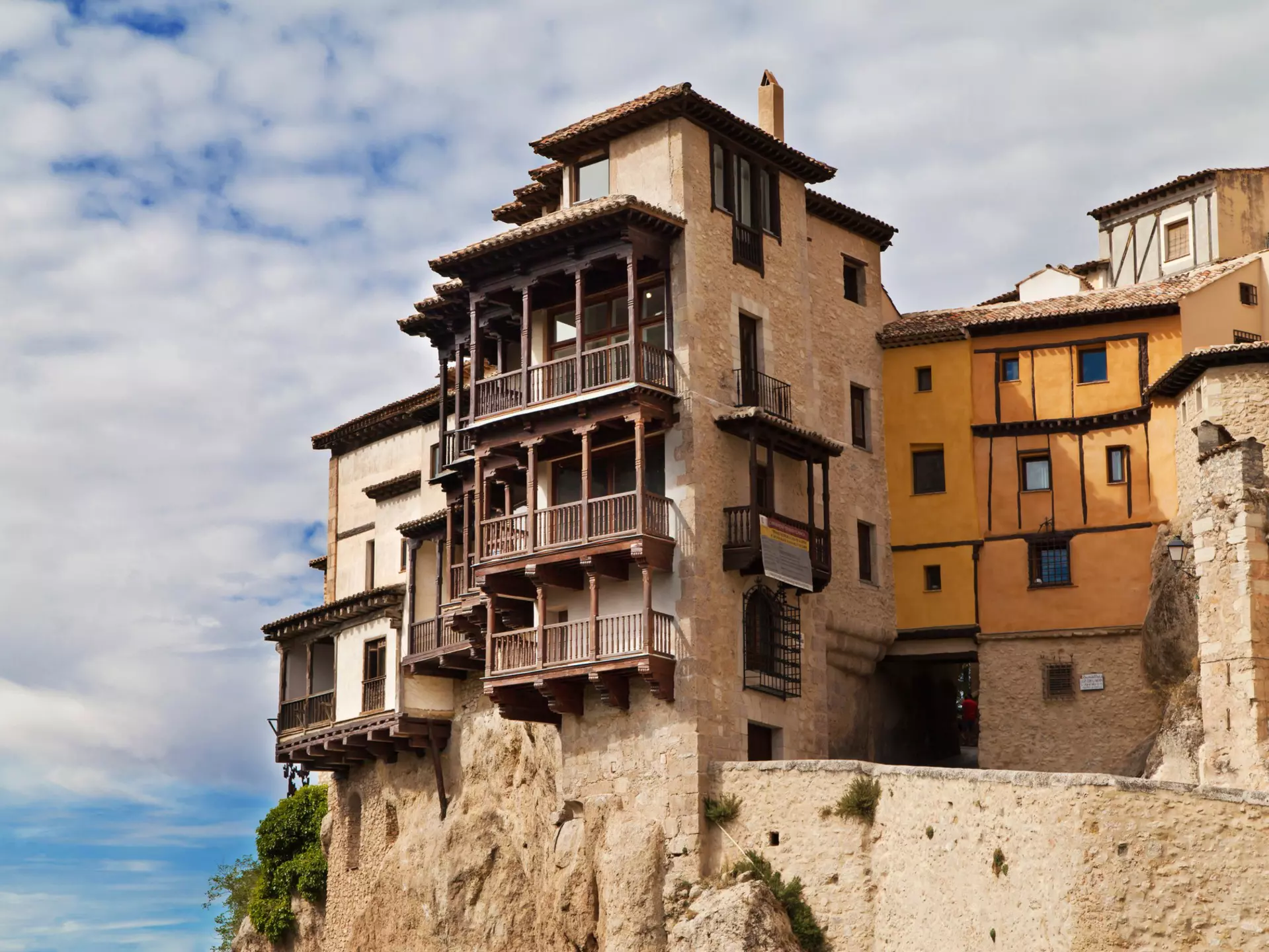 View of the Casas Colgadas (hanging houses) on the edge of the gorge in Cuenca, Spain.