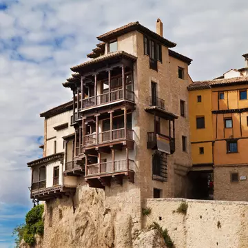 View of the Casas Colgadas (hanging houses) on the edge of the gorge in Cuenca, Spain.