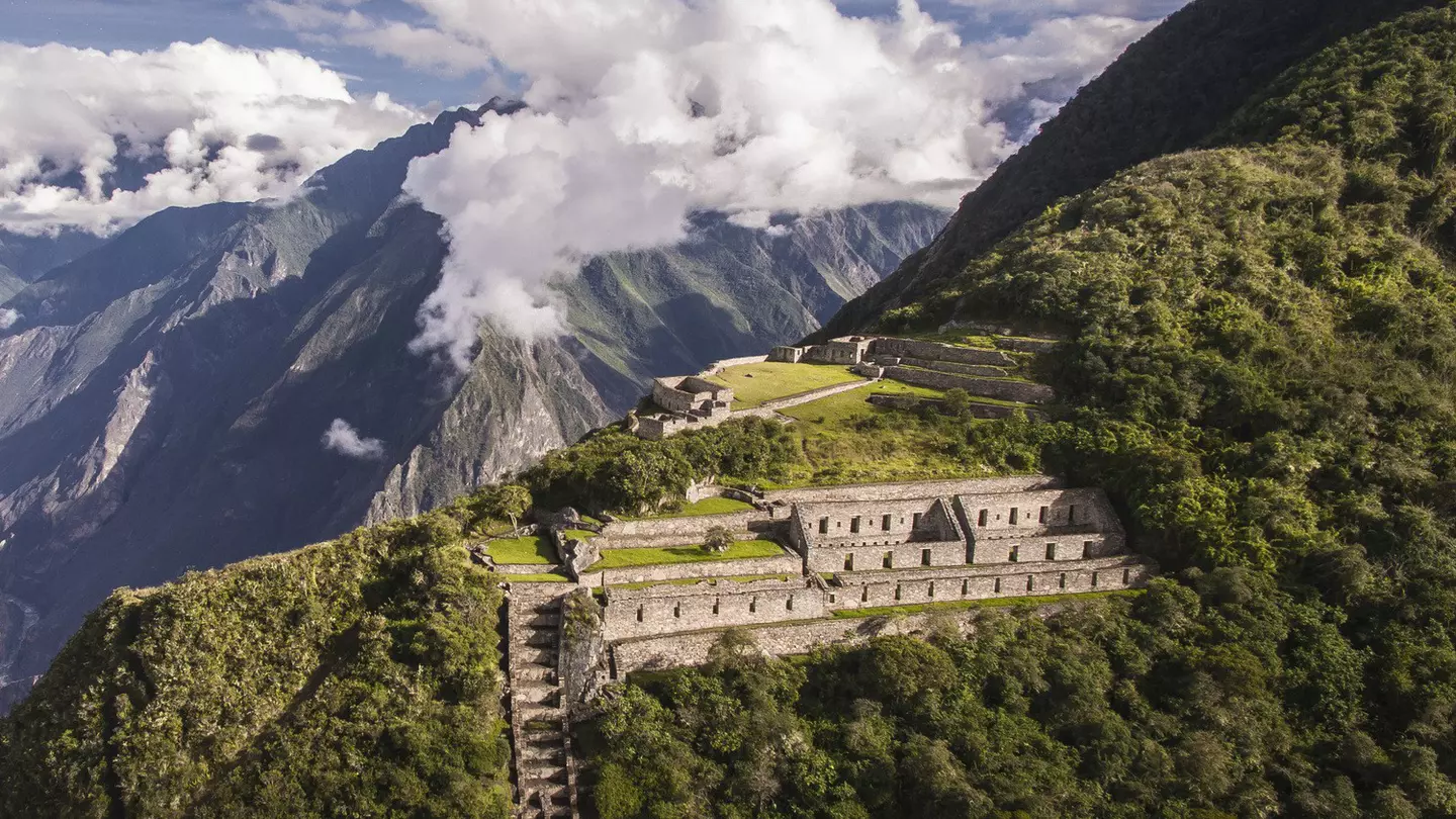 Choquequirao is an Incan site in south Peru, similar in structure and architecture to Machu Picchu. The ruins are buildings and terraces at levels above and below Sunch'u Pata, the truncated hill top