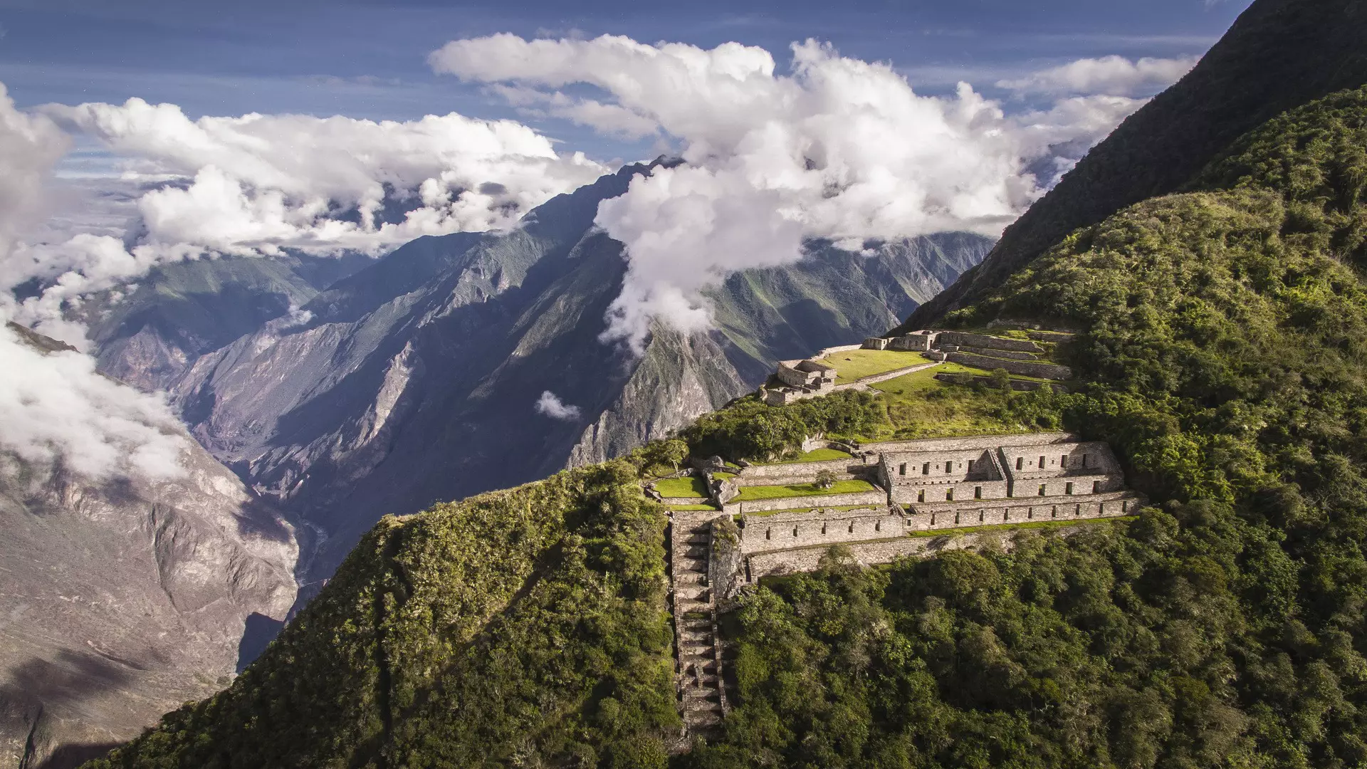 Choquequirao is an Incan site in south Peru, similar in structure and architecture to Machu Picchu. The ruins are buildings and terraces at levels above and below Sunch'u Pata, the truncated hill top
691851439