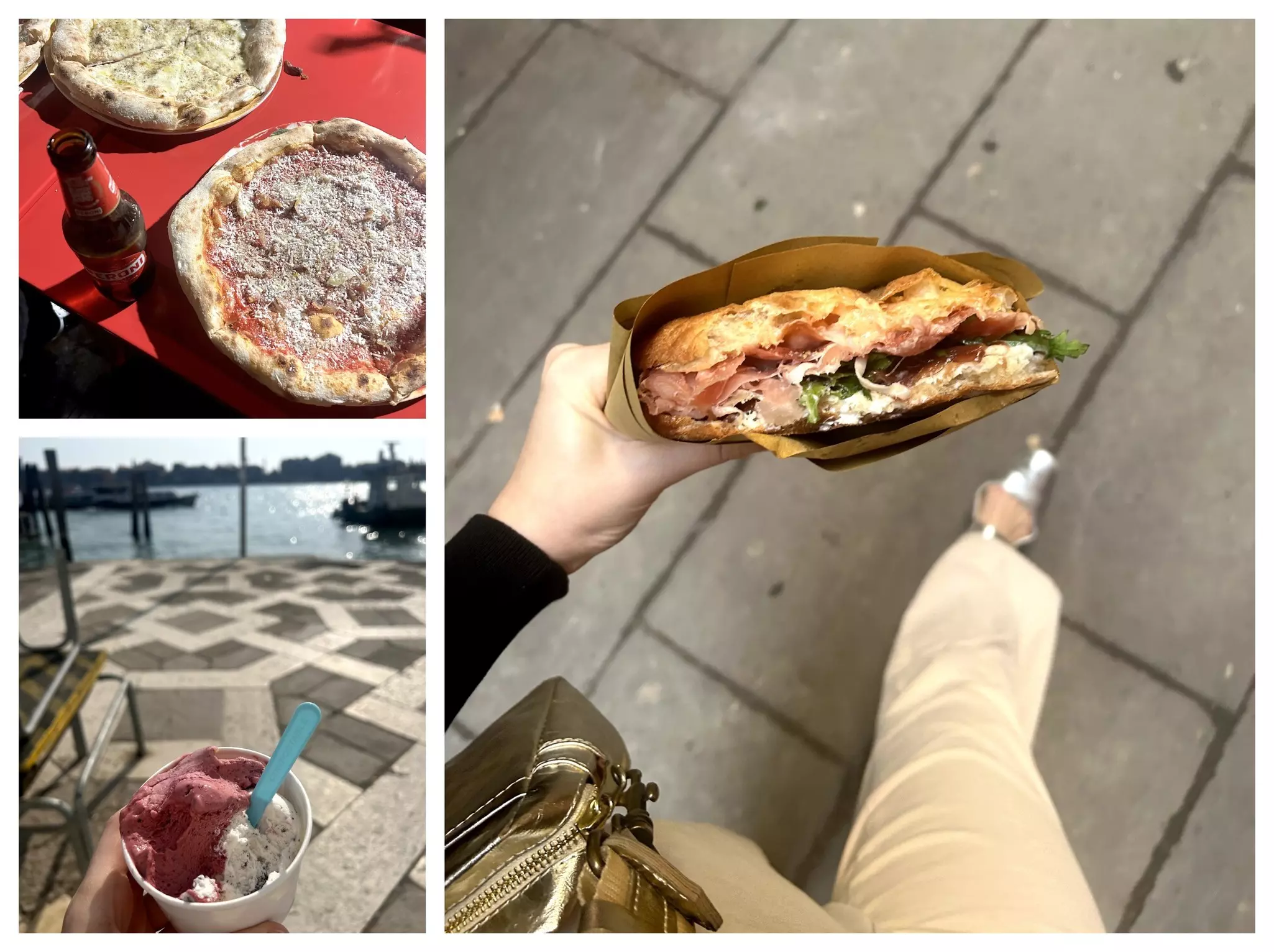 Top left: A whole pie (or five) from Zizzi Pizza in Rome; Bottom left: Blackberry and stracciatella gelato from Gelateria Nico in Venice; Right: The #4 sandwich from I' Bacaro De Bischeri in Venice © Ann Douglas Lott