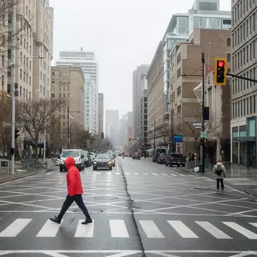 Crossing Sherbrooke street in downtown Montréal, Quebec, Canada.