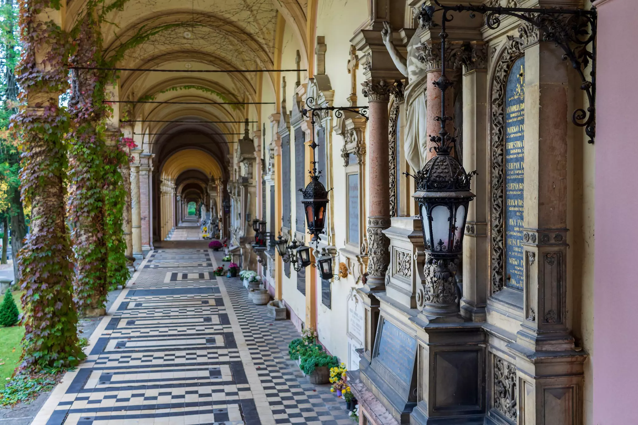 A long covered walkway in Mirogoj cemetery in Zagreb.
