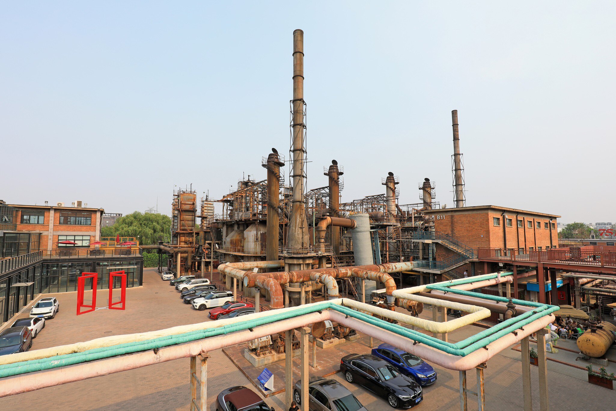 View of old factory buildings at the 798 Art District in Beijing, China.