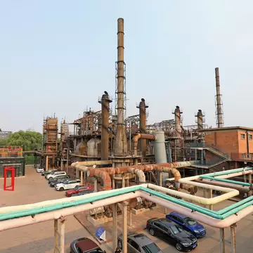 View of old factory buildings at the 798 Art District in Beijing, China.