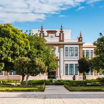 Malaga, Spain - December 7, 2016: Facade of the Russian museum (Saint Petersburg collection) in Spain, Andalusia, Costa del Sol, Malaga, Tabacalera Complex.