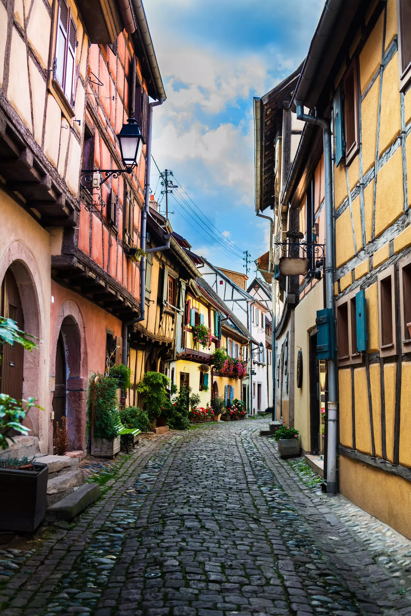 Colorful traditional french houses in Eguisheim near Colmar, Alsace, France