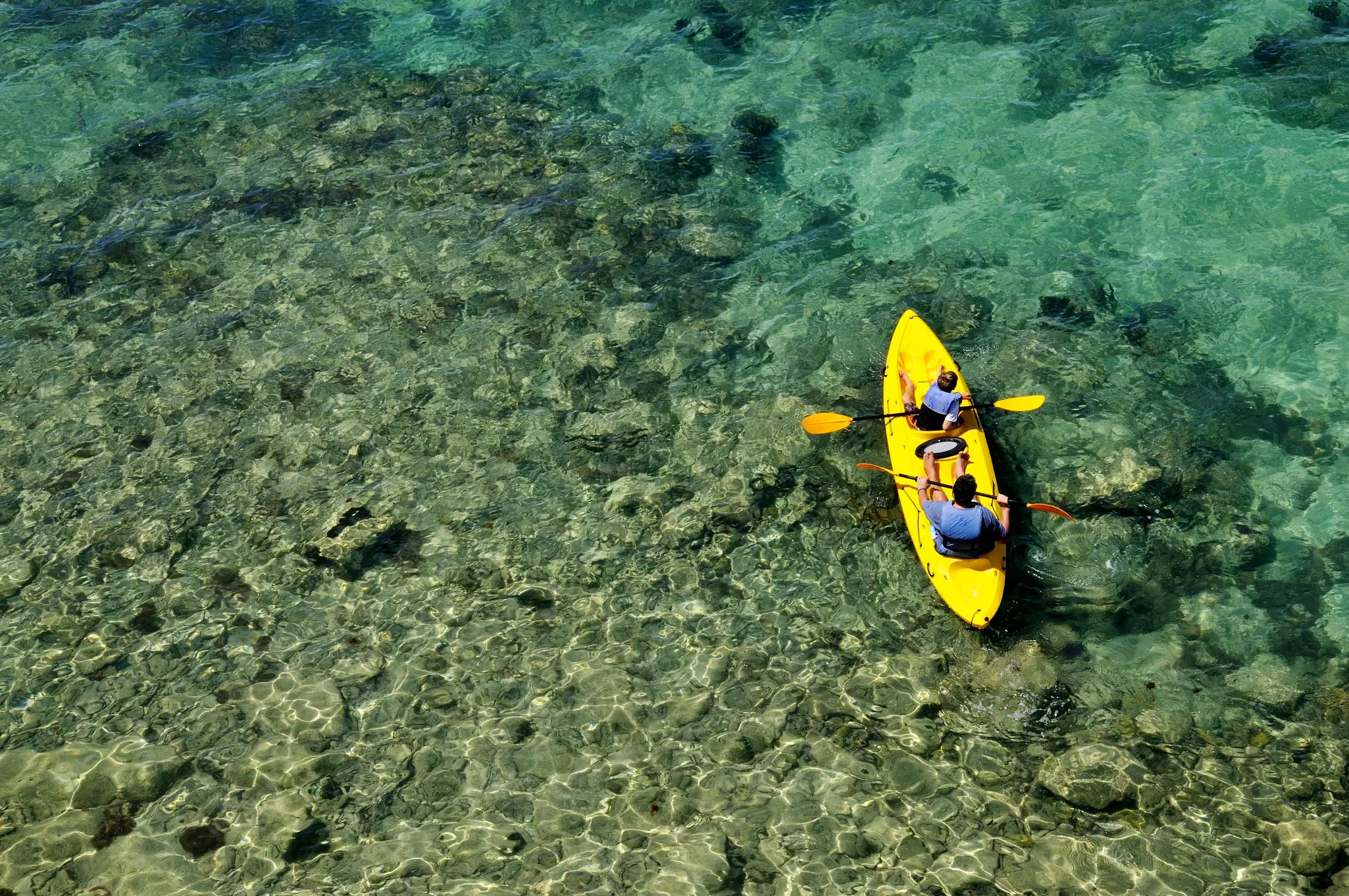 Two people in a yellow kayak in clear greenish water.