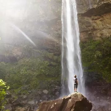 Man looking up at Pinaisāra Falls surrounded by greenery on Iriomote Island, Japan.