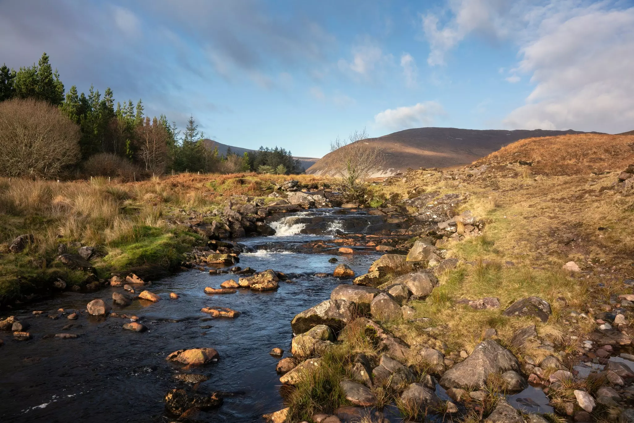 A babbling stream runs through grassland in a hilly landscape.