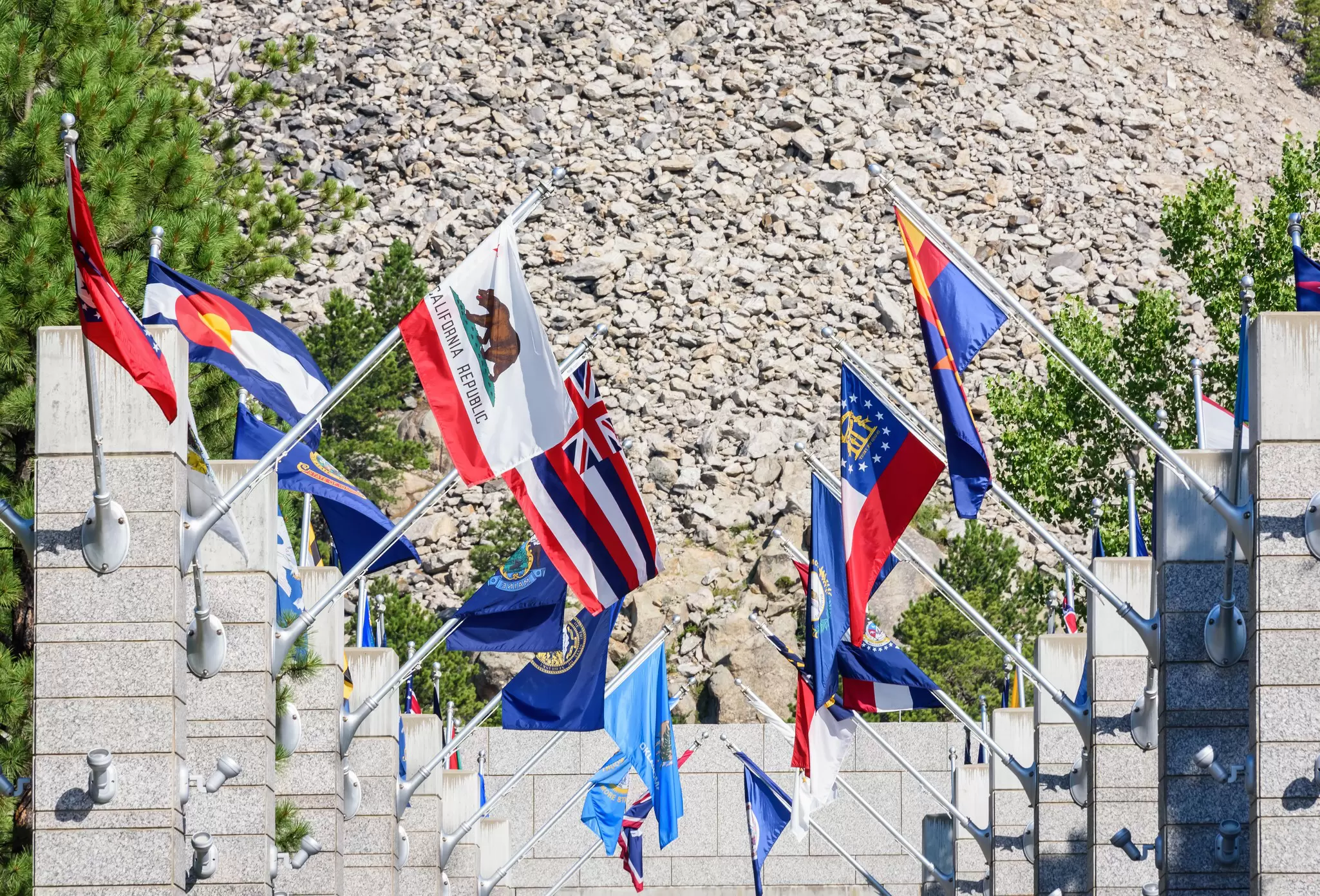 Close up of the Avenue of Flags at Mount Rushmore National Monument, USA.