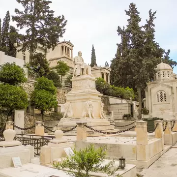 View of gravestones at the First Athenian cemetery in Athens, Greece.