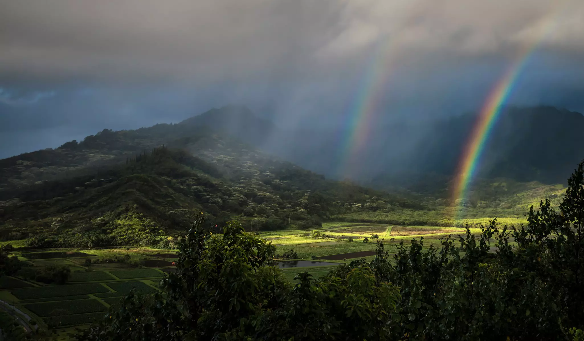A double rainbow is seen over a lush valley on a stormy day.
