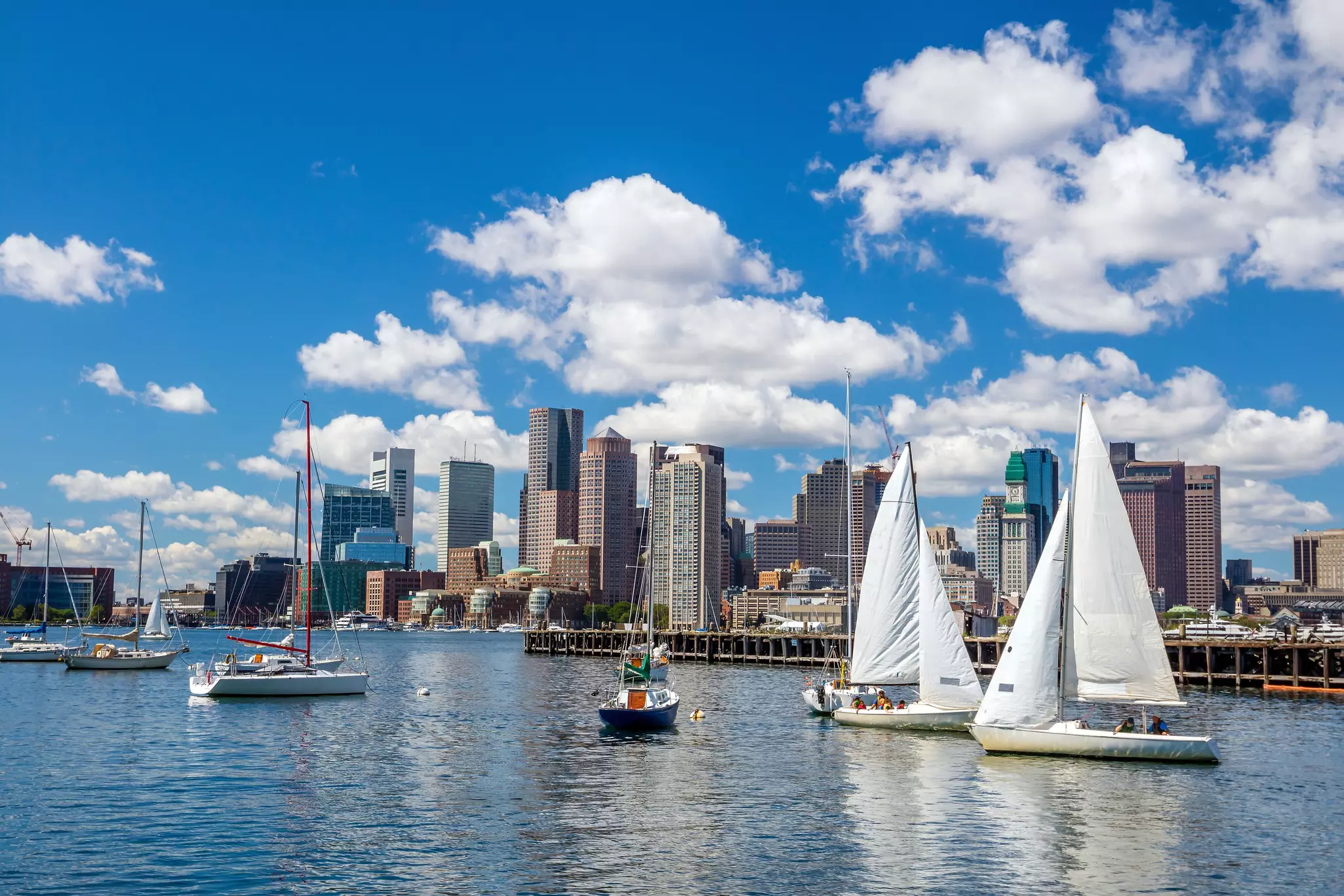 Boats float in the harbor of a major city on a clear summer day. The skyline of the city is visible across the water.