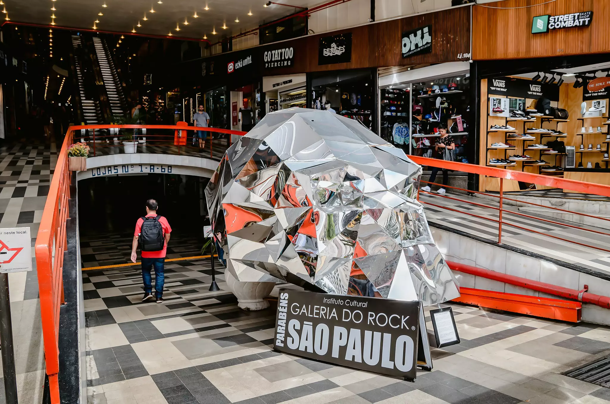 Sao Paulo SP, Brazil. Giant metallic skull in front of Galeria do Rock (Rock gallery) a Mall with stores that sells products with urban and rock and roll theme.
