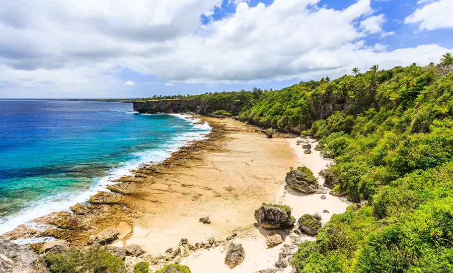 Sandy cove beneath palm-topped limestone cliffs on Tonga's coast, with surf breaking over a reef in turquoise water