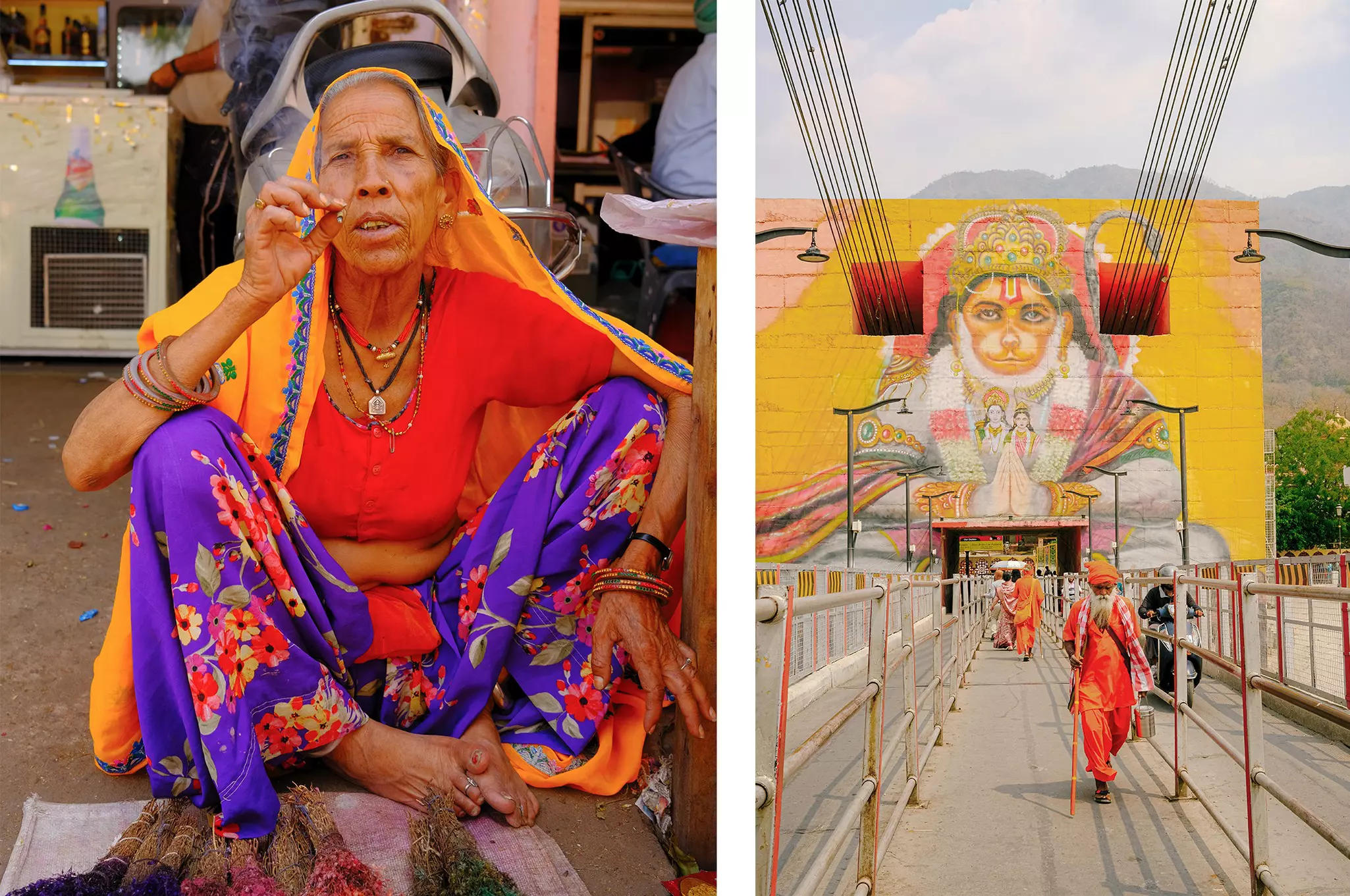 Left: A woman, dressed in bright shades of purple, red and orange, smokes a cigarette. Right: People dressed in orange gowns on a walkway in front of a large mural.