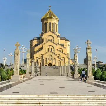 October 18, 2019: Exterior of the Holy Trinity Cathedral of Tbilisi (Sameba) in Old Tbilisi.