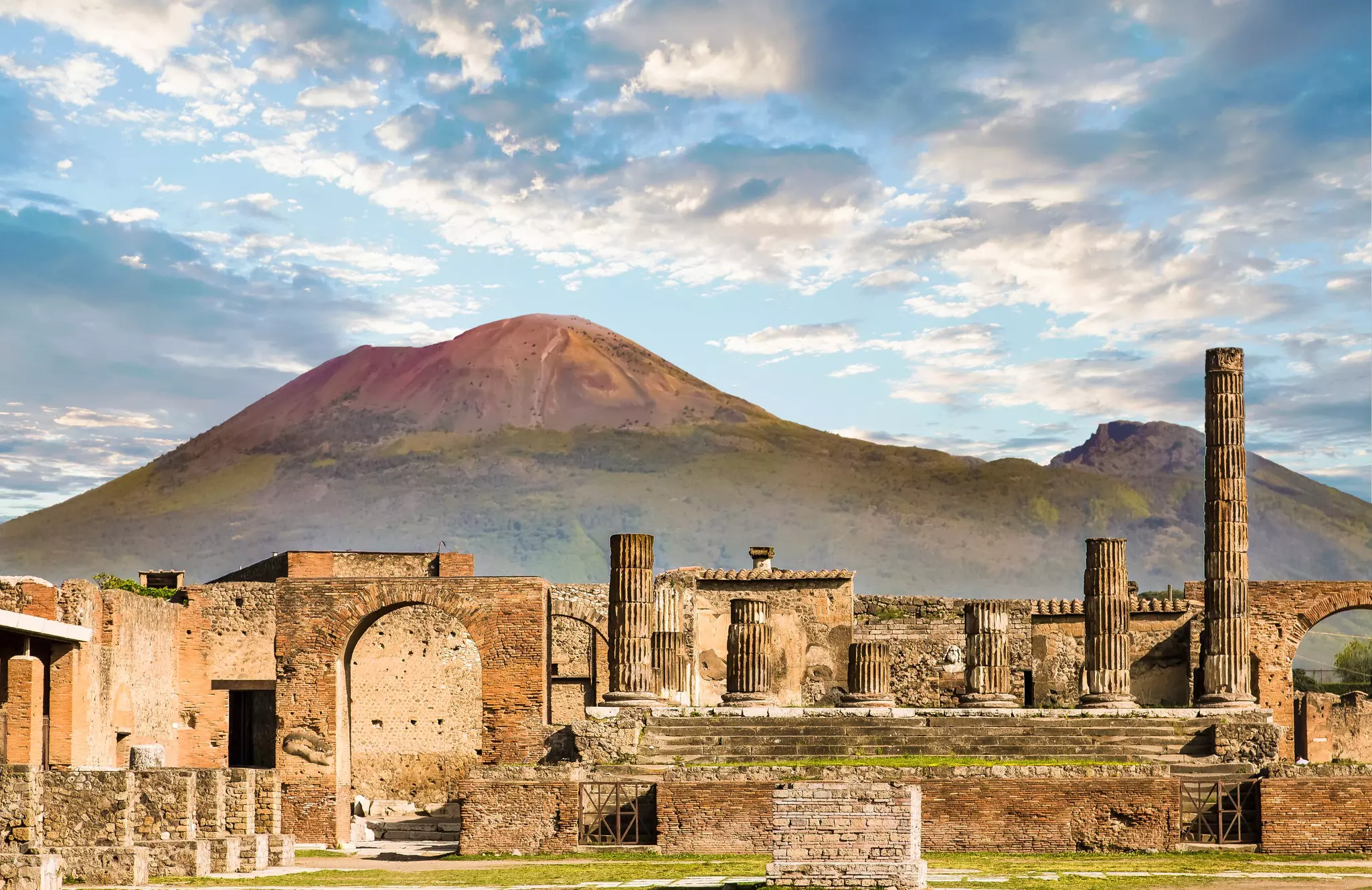 Mt Vesuvius rises above the ruins of Pompeii in Campania, Italy.
