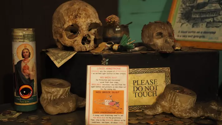 Objects in a museum display, including a skull.