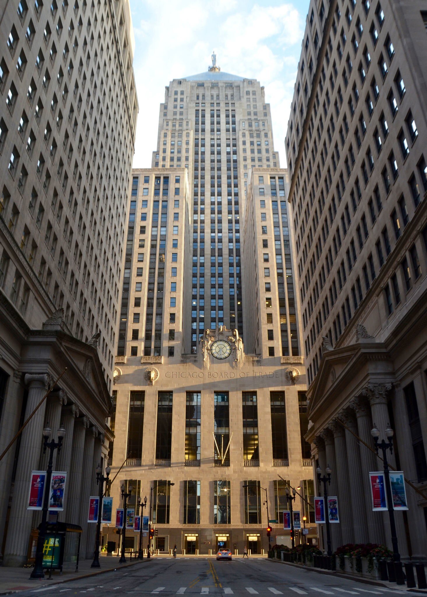 Low-angle view of the Chicago Board of Trade in Chicago, Illinois.