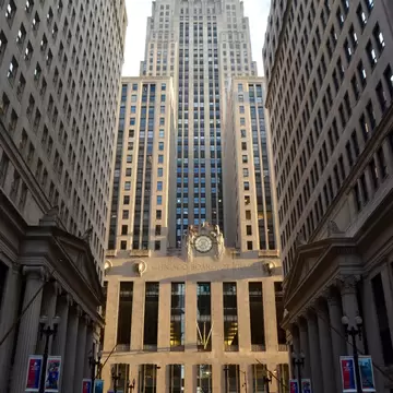 Low-angle view of the Chicago Board of Trade in Chicago, Illinois.